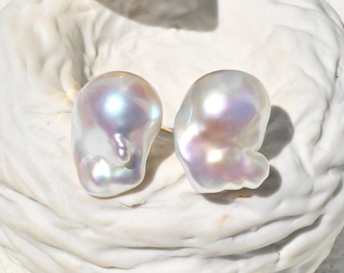 Fireball Baroque Pearl Studs: Solid 18K Gold, White, AAA+, Large Studs, 15mm*18mm