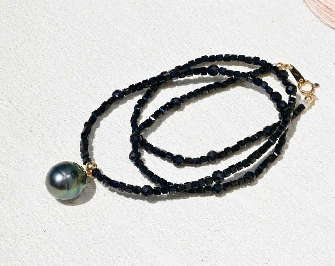 18.75-inch Black Spinel & Tahitian Necklace: Solid 18k Gold Clasp, Black and Gold, Thin Gemstone Necklace, Layering