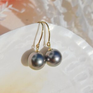May include: A pair of black pearl drop earrings with gold hooks. The pearls are round and have a slight iridescent sheen. The earrings are displayed on a white seashell.
