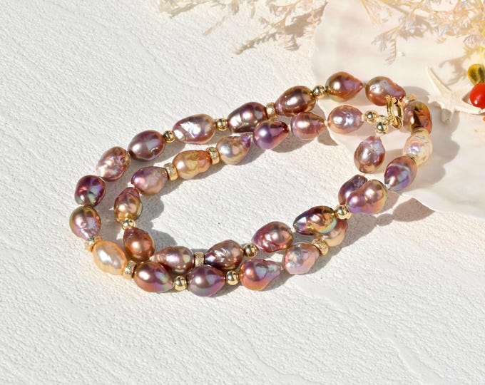 Metallic Kasumi-like Pearl Necklace: Rainbow Luster, 18.5-Inch, Gold Filled, Ripple Pearls, Deep Purple