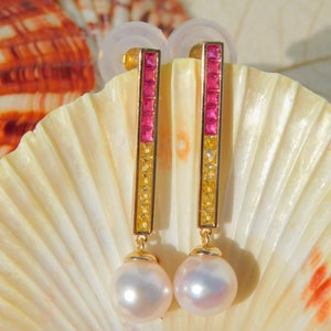 Vermeil Colorful CZ with Japanese Akoya Pearl Earrings AAA 9.2mm Drop Earrings Japanese Saltwater Pearls Hot Pink Yellow image 2