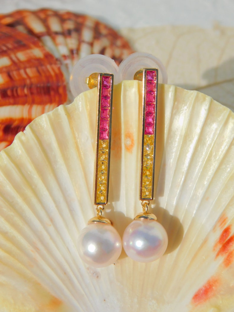 Vermeil Colorful CZ with Japanese Akoya Pearl Earrings AAA 9.2mm Drop Earrings Japanese Saltwater Pearls Hot Pink Yellow image 2