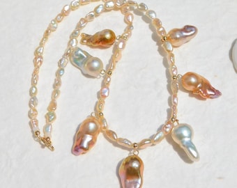 Metallic Pastel Baroque Freshwater Pearl Necklace: Multicolor Pearl Drops, Solid 18K Gold, 17 Inch