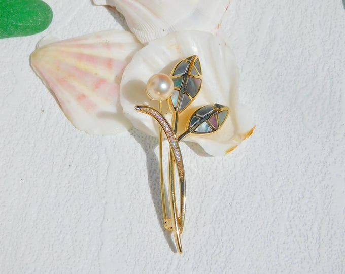 Mosaic Abalone Shell Flower Bouquet Brooch | Akoya Pearl | 6.9mm | Black Mother-of-Pearl | Gold Plated Alloy | AAA | Cream | Saltwater Pearl