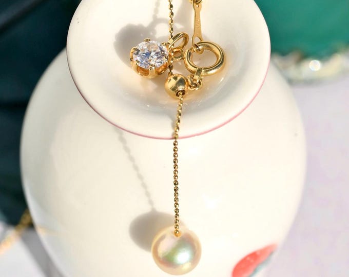 Dainty Gold Necklace: Solid 18K Gold, 6.6mm Cream Akoya Pearl, AAA, Removable Moissanite Charm, Y Necklace