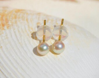Tiny Pastel Aqua Green Akoya Pearl Studs | 3.9mm | AAA | Solid 18k Gold | Second Piercing | Very Small Studs | Japanese Saltwater Pearls