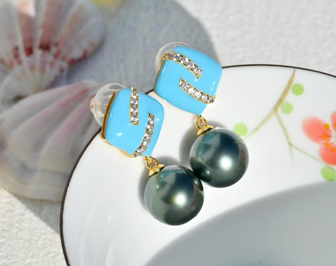 12.3mm Dark Green Tahitian Pearl Earrings: Sky Blue Enamel Sterling Silver, S925