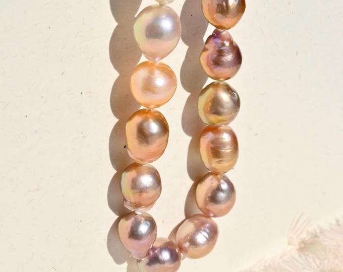 26.5-Inch Large Pearl Necklace: No Clasp, Ombré Pastel Blush Pink to Mauve, Ripple Pearls, AAA