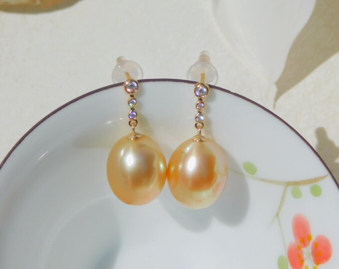 11.9mm Golden South Sea Pearl Drop Earrings | Solid 18kt Gold with CZ | South Sea Pearl Earrings | AAA+ | Saltwater Pearls | Gold Pearls