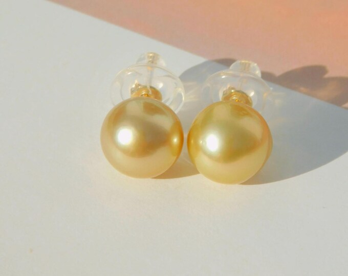 10.5mm Golden South Sea Pearl Studs | Semi-baroque | Pistachio Golden | AA+ | Solid 18K Gold Studs | Golden Pearl Studs | Saltwater Pearls