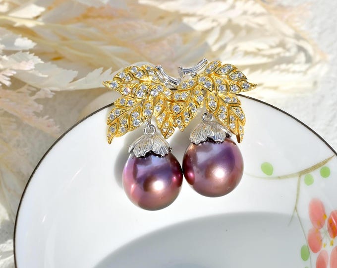 Grape Large Pearl Earrings: Two Tone Leaf and Branch, Sterling Silver, AAA+, 13.5mm, Purple
