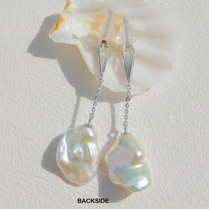 Baroque Freshwater Pearl Earrings Long Pearl Earrings Sterling Silver Chain Earrings Light Weight White with Pink image 6