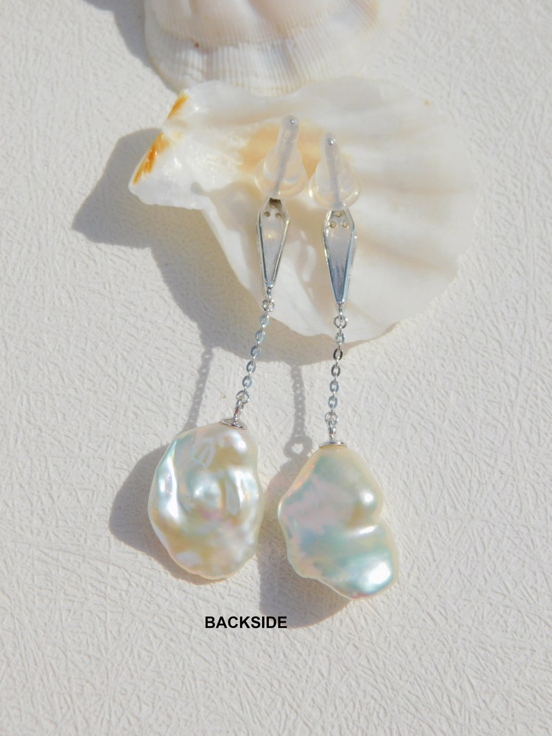 Baroque Freshwater Pearl Earrings Long Pearl Earrings Sterling Silver Chain Earrings Light Weight White with Pink image 6