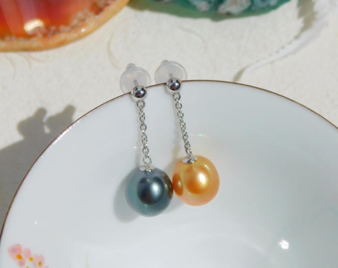 Mismatched South Sea Pearl Earrings | Ultimate Luster | Steel Blue | Solid 18k White Gold | AAA+ | Saltwater Pearls | Tahitian Pearl | 9.2mm