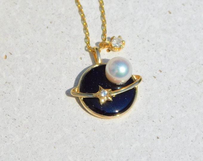 Earth Moon Star Charms Necklace | Akoya Pearl | Natural Diamond | Dainty Design | Adjustable Chain | Solid 18kt Gold | Saltwater Pearls