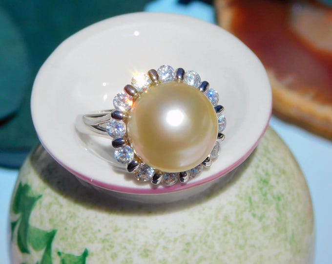 AAA 13.1mm Cream South Sea Pearl Ring | Round | White Gold Over Sterling Silver | 7 US | Saltwater Pearl Ring | Cluster Ring | Pastel Golden