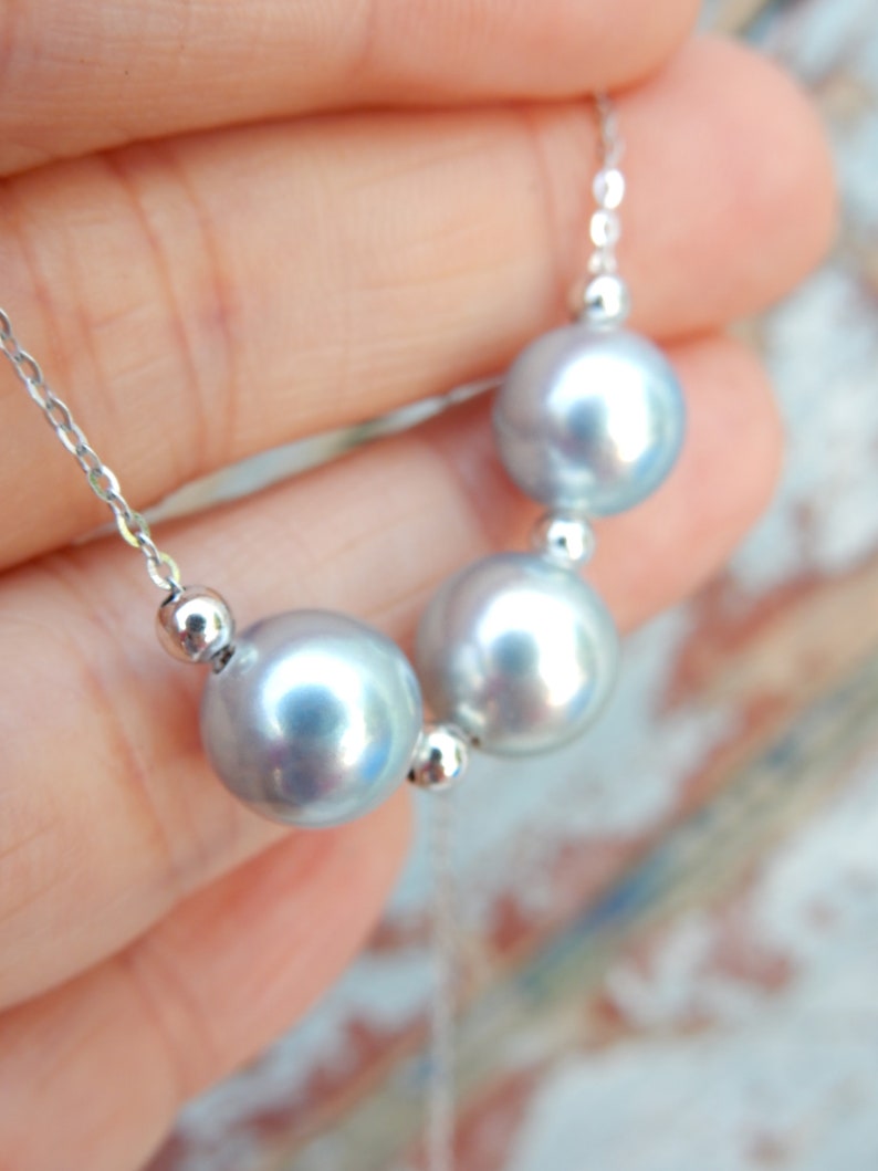 Ready to Ship Dainty Saltwater Pearls 9mm Three Akoya Blue Pearl 18k White Gold Chain Necklace Floating Pearls