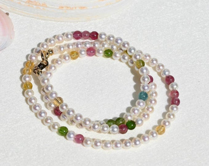 3.8-4mm Freshwater Pearl & Tourmaline Necklace: Solid 18K Gold, 17.25 inches, Natural Pearl and Multicolor Gemstone