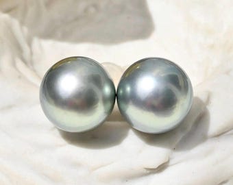 10.6mm Tahitian Pearl Studs: Solid 18K Gold, AAA, Gray Green-blue