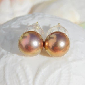 Pearl Studs and Floating Pearl Necklace SET Solid 18kt Yellow Gold Super Metallic Bronze 11.2mm and 11.9mm Beyone AAA Jewelry SET image 2