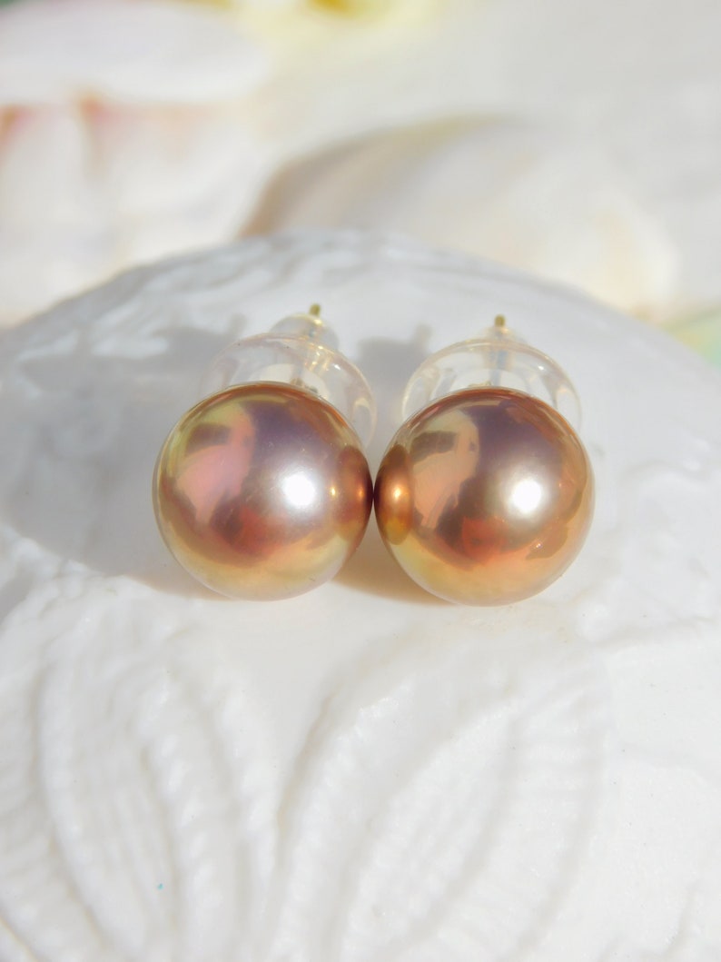 Pearl Studs and Floating Pearl Necklace SET Solid 18kt Yellow Gold Super Metallic Bronze 11.2mm and 11.9mm Beyone AAA Jewelry SET image 2