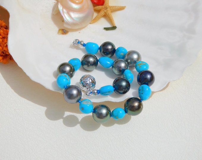 Tahitian Pearl Blue Turquoise Bracelet | Shades of Blue and Green | 8.5-8.9mm | Black Pearls | 6.5-6.75 inches Wrist | Silver Ball Clasp