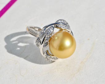 13.2mm Golden South Sea Peal Ring: AAA, White Gold Plated Silver, 6.5 US Size