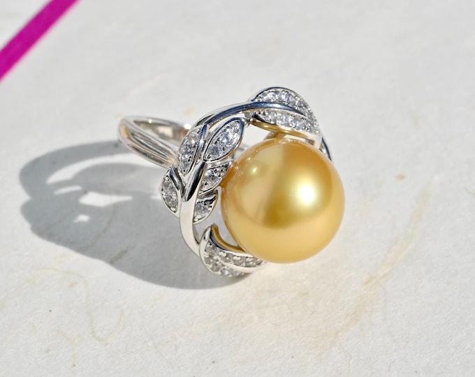 13.2mm Golden South Sea Peal Ring: AAA, White Gold Plated Silver, 6.5 US Size