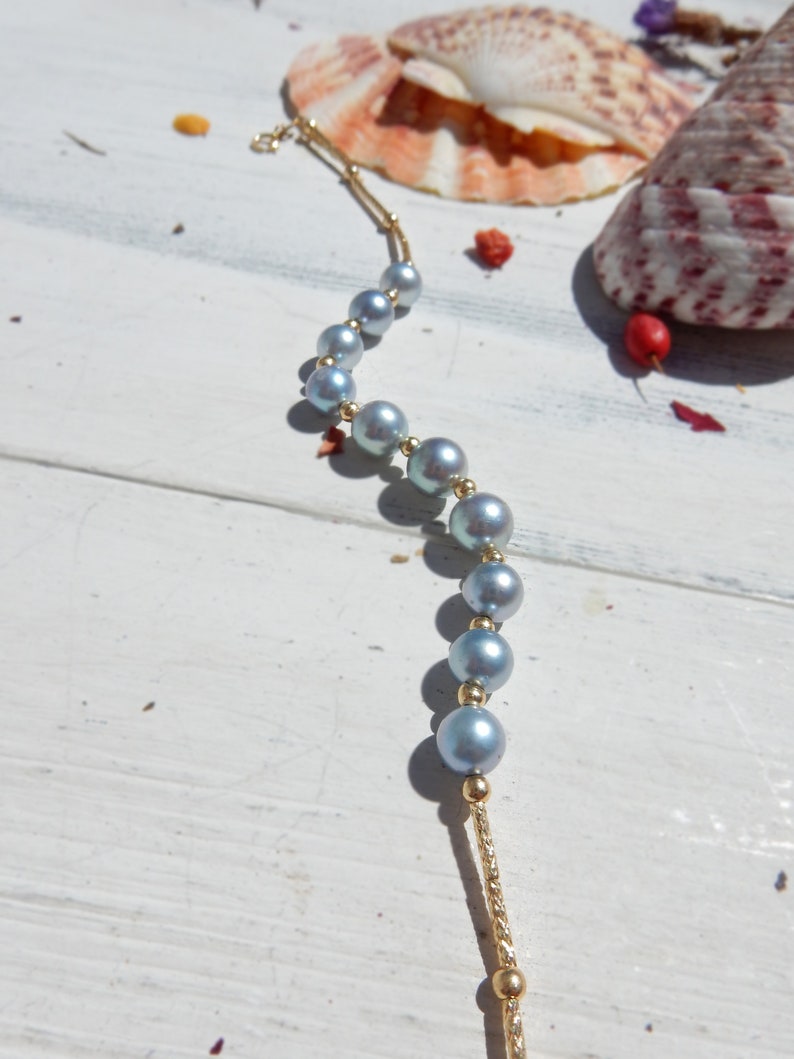 Akoya Pearl Bracelet Saltwater Pearls Japanese Pearl 18K Gold Tube Bracelet Ready to Ship Silver Blue Grey