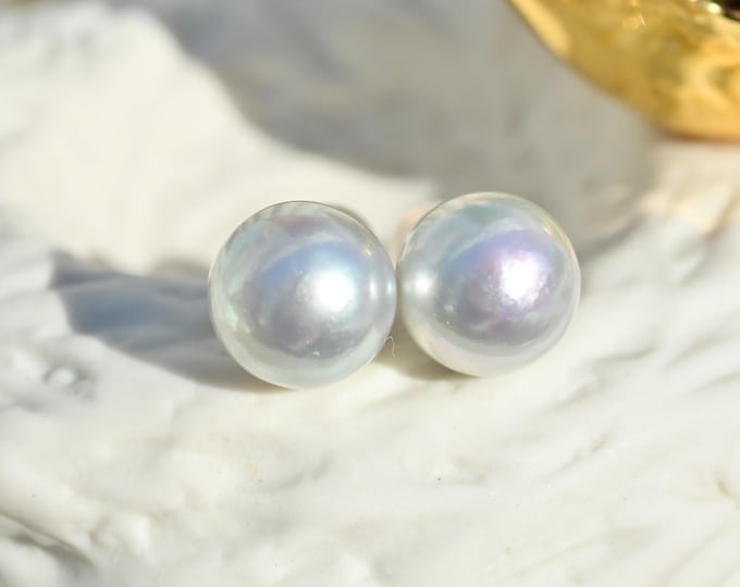 9.4mm Pastel Blue Akoya Pearl Studs: Solid 18K Gold, Japanese Saltwater Pearl Stud Earrings