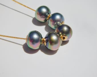 Five Pieces Floating Pearl Necklace | Peacock Circled Tahitian Pearls | AAA | Adjustable Solid 18K Gold Chain | Dainty Chain | Aubergine
