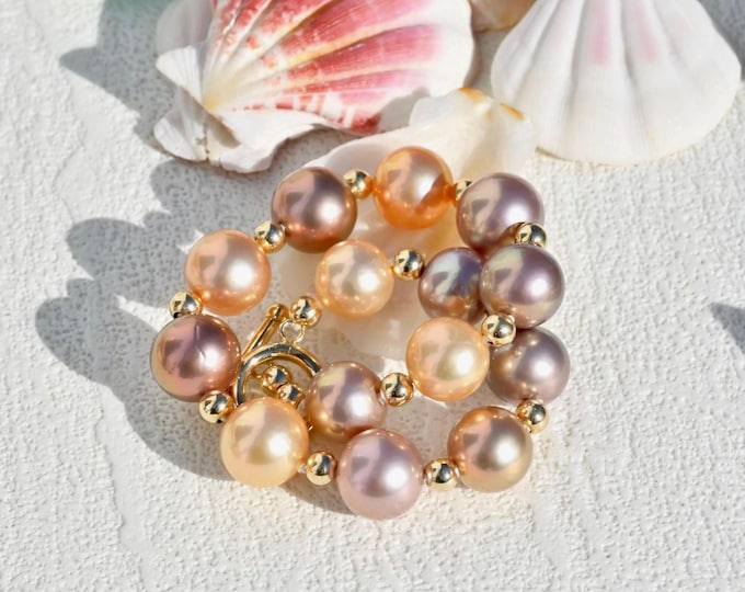 Colorful Freshwater Pearl Bracelet: Gold Filled Toggle Clasp, Super Metallic, 7-inch Wrist
