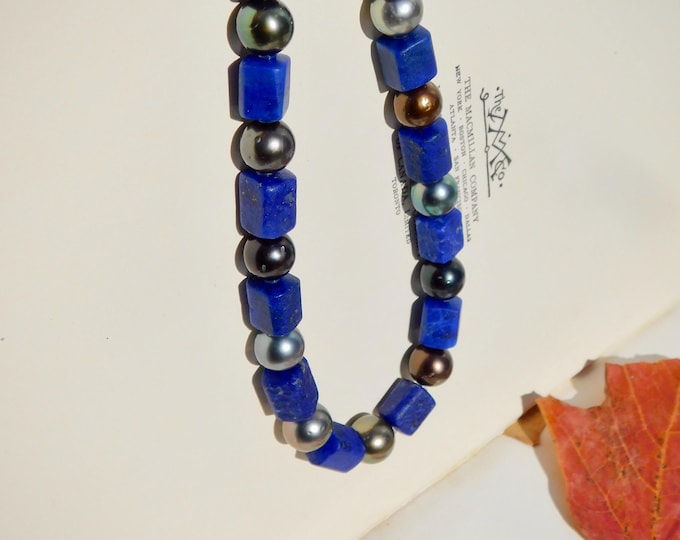 Tahitian Pearl and Raw Lapis Lazuli Necklace | 18.5 Inches | Gemstone and Pearl | AAA | Blue | Black Pearls | 9K Gold | Gemstone Necklace
