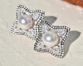 Cluster Akoya Pearl Post Earrings: Japanese Akoya Pearls, White Gold Plated Silver, 8.5mm, Saltwater Pearls, White Pearls, AAA