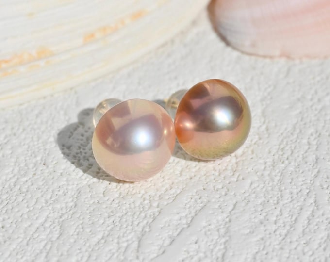 Mismatched Mabe Pearl Studs: Solid 18K Gold, AAA+, Two Tone Pearl Studs, 11.2mm
