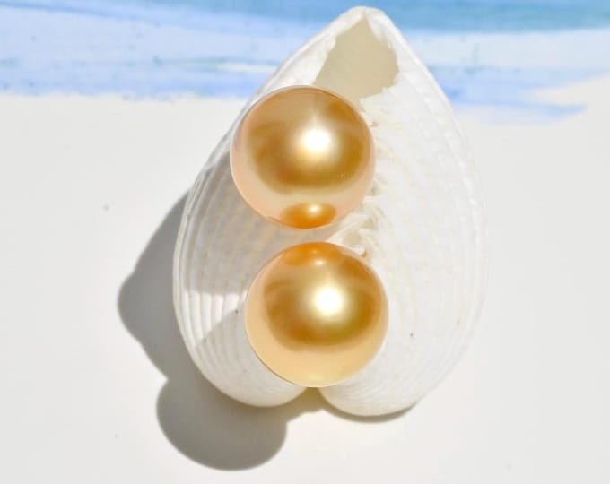 11.8mm Golden South Sea Pearl Studs: Solid 18K Gold, AAA, Gold Pearl Studs