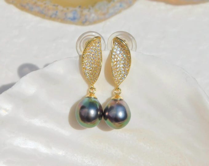 Vermeil Tahitian Pearl Earrings | 9mm Teardrop | Peacock Tahitian Pearls | AAA | Yellow Gold Over Sterling Silver | Cluster Drop Earrings