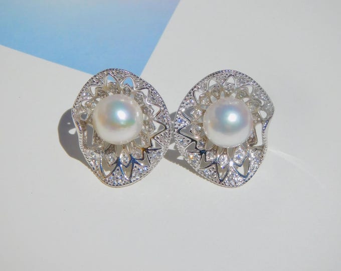 Lace Akoya Pearl Stud Earrings | Akoya Pearls | White | White Gold Over Sterling Silver | 8.4mm | AAA | Round | Saltwater Pearls | Lace