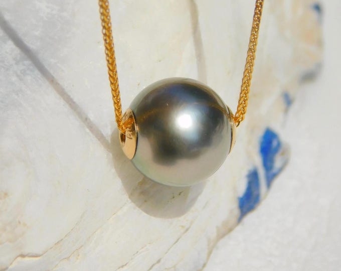 Floating Tahitian Pearl Necklace | 9.8mm | Pastel Gray Green | Dainty | Adjustable Solid 18K Gold Pin-end Chain | Black Pearl | AAA | Au750