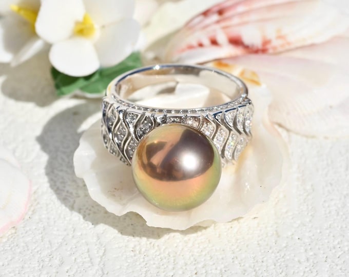 13.2mm Ultimate Metallic Freshwater Pearl Ring: White Gold Sterling Silver Wave, AAA+, 9 US Size