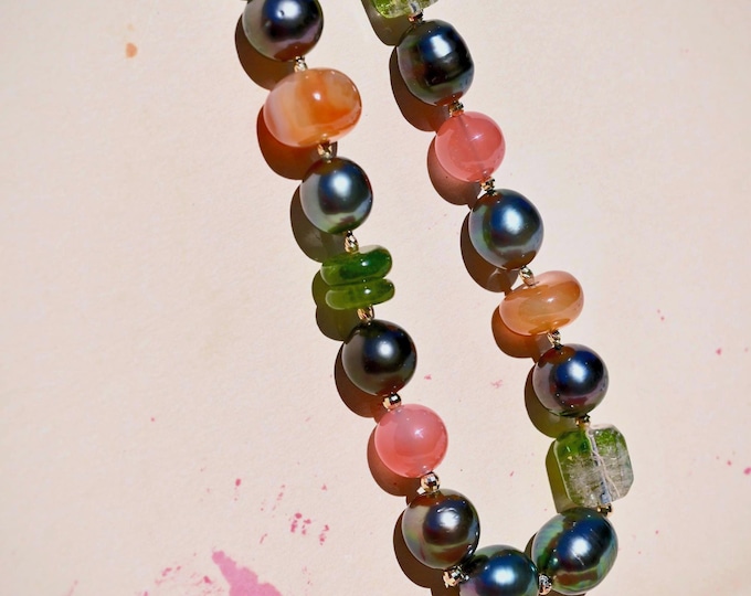 Tahitian Pearl & Gemstone Necklace: Solid 18K Gold, AAA, 20.5 Inches, Tourmaline, Agate, Jadeite