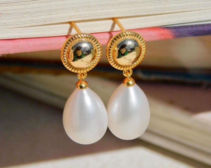 Vermeil Long Teardrop Pearl Earrings: Freshwater Pearls, 10.1mm, AAA, Drop Earrings