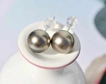 9.4mm Tahitian Pearl Studs: Olive-gray, AAA, Round, Solid 18k White Gold