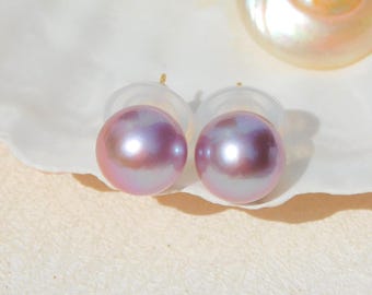 Freshwater Pearl Studs: Solid 18K Gold, 11.1mm, Lilac, AAA+, Purple Studs