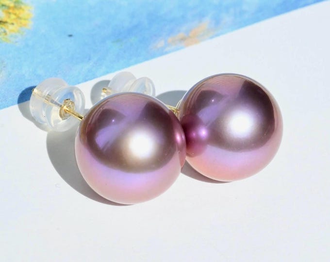 13.2mm Purple Freshwater Pearl Studs: Solid 18K Gold, Large Lavender Pearls, AAA