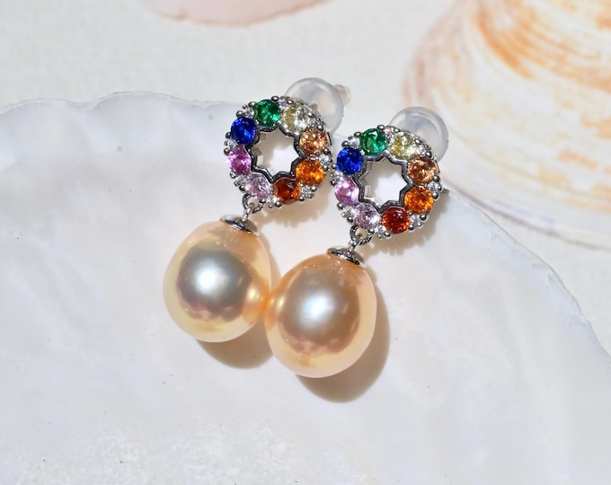 Colorful CZ Freshwater Pearl Drop Earrings: 10.3mm, AAA, Rainbow, Sterling Silver