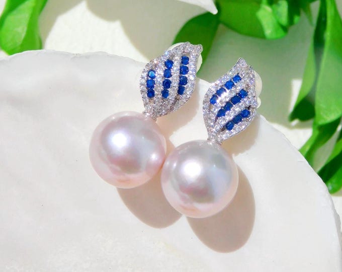 Blue Stone Cluster Pearl Earrings | 12mm Freshwater Pearls | Pastel Lavender | White Gold plated Silver | AAA | Round | Drop Earrings