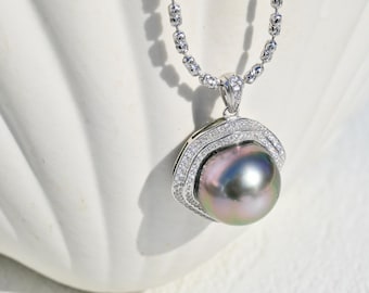 14.6mm Tahitian Pearl Pendant Silver Chain Necklace: Removable 23.5-Inch Diamond Cut Beaded Chain