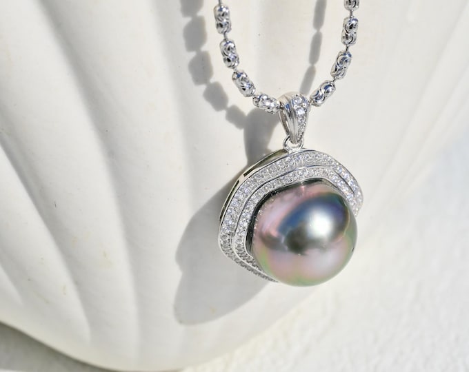 14.6mm Tahitian Pearl Pendant Silver Chain Necklace: Removable 23.5-Inch Diamond Cut Beaded Chain