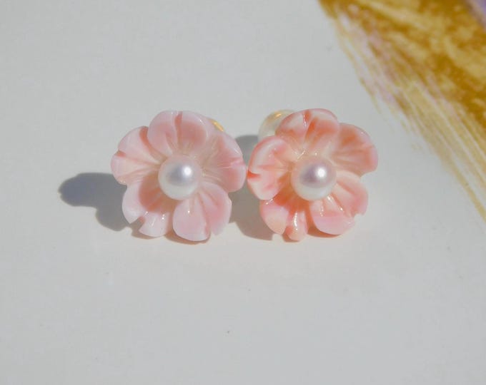 Baby Pink Cherry Blossom | Tiny Freshwater Pearls | Queen Conch Shell Studs | 12mm | Flower | 4mm | Solid 18K Gold | AAA | Flower Studs